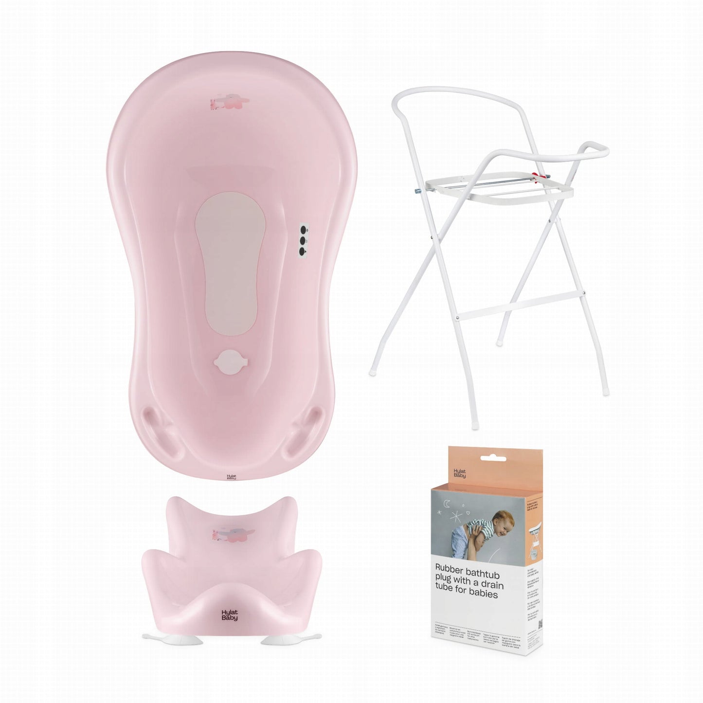 Zestaw kąpielowy Hylat Baby - wanienka 84 cm ze stojakiem, fotelikiem, termometrem i odpływem - różowa FRIENDS